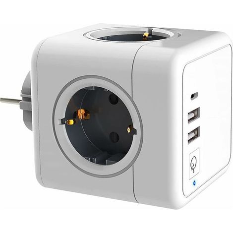 Multiprise murale cube 4 prises 16A – 2 ports USB Type A + 1 Type C (MAX 3.1A) – Protection surtension 350 joules – Compact 7,5x7,5x11,5 cm (1/5)