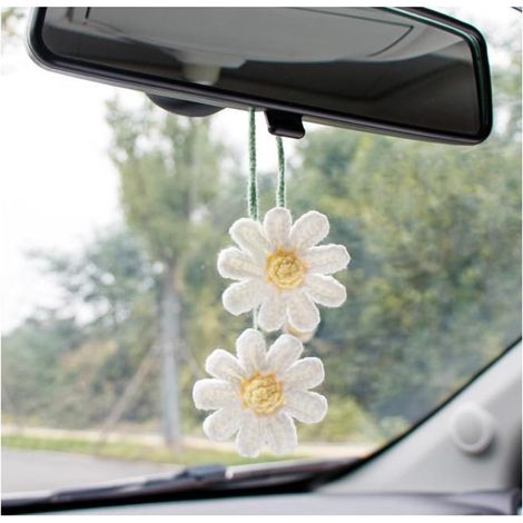 Pendentif de rétroviseur en forme de marguerite au crochet, déco mignonne pour voiture et maison. (1/5)