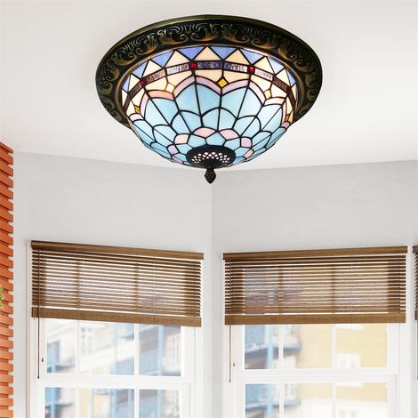 Plafonnier encastré compact AUTRUCKER Tiffany pour couloir, avec abat-jour en verre coloré de 40 cm, douille E27, 110-220 V, idéal pour une chambre. (1/5)
