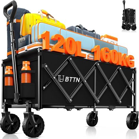 Chariot de transport pliable de 120 l - Charge maximale : 160 kg - Avec roues silencieuses - Pour jardin, camping, shopping et pique-nique - Chariot de transport pliable avec roues stables - Noir (1/5)