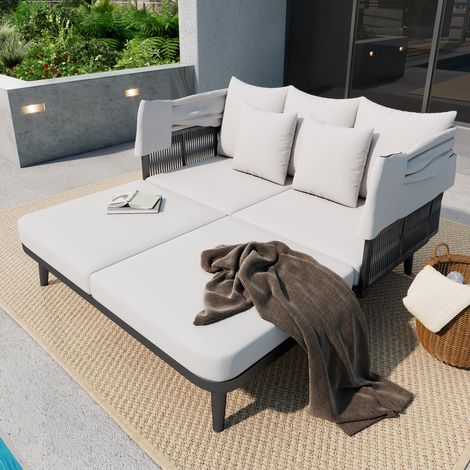 Lot de jardin duo : cabane de plage avec transat, auvent escamotable, structure acier galvanisé, coussins 10 cm, corde tressée main, gris (1/4)