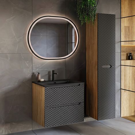 Conjunto de muebles con lavabo individual encastrado 60 cm y columna Elora Negro y madera (1/5)