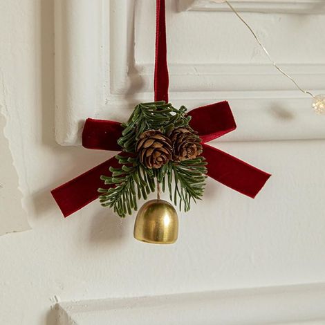 Ornement élégant pour sapin de Noël, nœud en velours, cloches et pommes de pin, décoration de Noël, accessoires de fenêtre (1 cloche) (1/5)