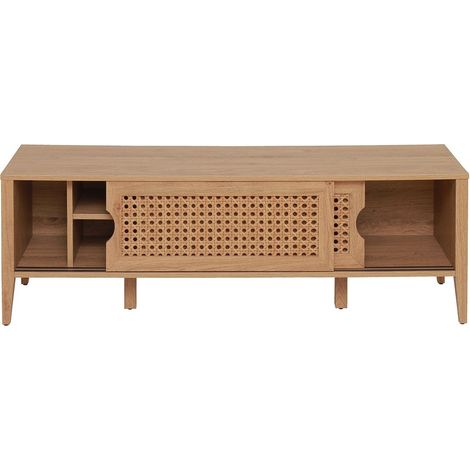 Calicosy – Meuble TV avec 2 portes coulissantes décor rotin – L138 x P39,6 x H45,5 cm – Panneaux de particules et MDF – Finition chêne Beauford (1/10)
