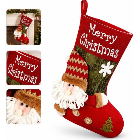 1 Pc Chaussette de Noel Pere Noel a Boutons Lettres Grand Modele Haut 45 cm Manche 29 cm Deco Sapin Cheminee Fete Hiver Decoration (1/5)