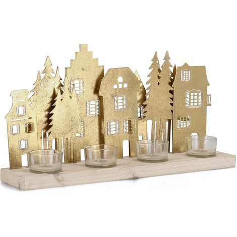 Bizzotto Portacandela di Natale Dwelling 4 Posti Dec. Casetta e Pino H 20 Cm Oro
