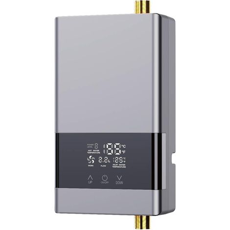 Calentador de agua instantáneo sin tanque, 6000 vatios, 220 voltios, apto para duchas, fregaderos de cocina, baños y autocaravanas, color plata.