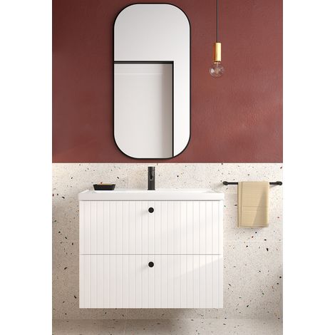 Waschplatz Set 2-teilig, 80cm Waschtisch und Spiegel, weiß Hochglanz gerillt RIVA-107 (1/5)