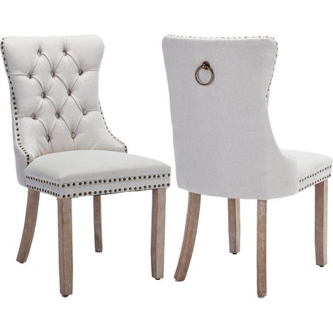 Esszimmerstühle 2er Set, gepolstert, Leinenstoff, Massivholzbeine, beige (1/5)