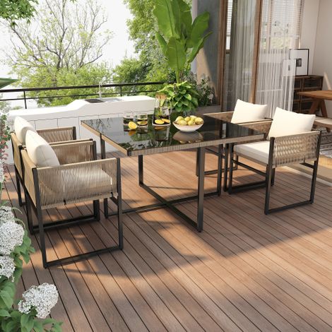 Salon de jardin 5 pièces, 1 table, 4 chaises empilables, pour jardins, terrasses, plateau de table en verre, coussins beige (1/5)