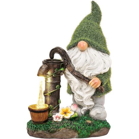 Grande statue de nain de jardin floqué de 29 cm avec lumières solaires - Figurine décorative de jardin en résine imperméable (1/5)