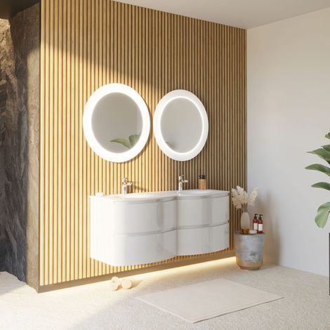 Mobile Bagno Sospeso Curvo 140 Cm Bianco Lucido Con 2 Specchi Led  Los Angeles