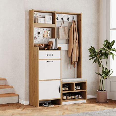 Mobile da ingresso con scarpiera, panca e appendiabiti 108,5 x 35 x 180 cm rovere e bianco (1/5)