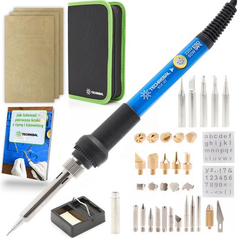 Pirografo Techrebal "Blue Jet" TBJ60W 42 in 1 con potenziometro da 60W (saldatore, 29 punte, supporto per spugna e custodia + 3 stencil per pirografia)