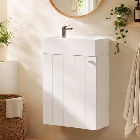 Meuble Lave-Mains Suspendu avec Vasque Céramique 41x23x62,5 cm Meuble Sous-Vasque Mural pour WC et Petits Espaces Blanc (1/5)