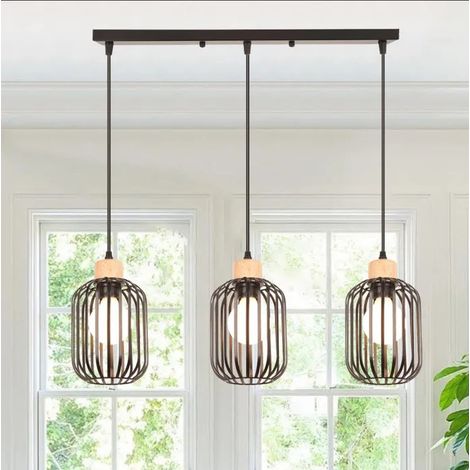 Lampe Suspension - - Lustre Industriel Vintage - Métal et Bois - E27 - 60W (1/5)