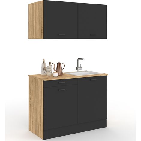 Cuisine complète kitchenette 120 cm STIL avec plan de travail 3 éléments bois et noir (1/5)