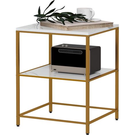 Table d'appoint bout de canapé 2 étagères effet marbre métal doré 44x40x54.5 cm