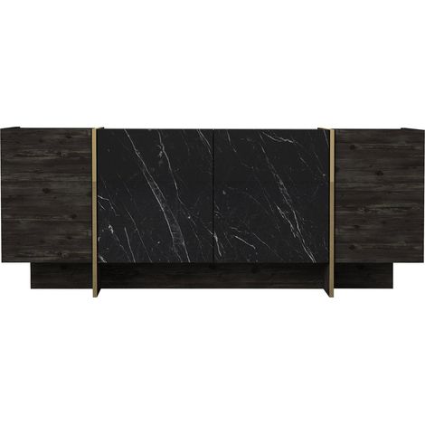 Cotecosy – Buffet 4 portes en bois mélaminé gris foncé et noir effet marbre – Dimensions L 180 x H 75,5 x P 46,6 cm – Fabrication Europe (1/5)