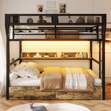 Lit superposé, 140 x 200 cm, sommier métallique, étagère, panier de rangement, 2 tiroirs métalliques, éclairage LED, sans matelas, noir, design moderne et fonctionnel, solution gain de place (1/5)
