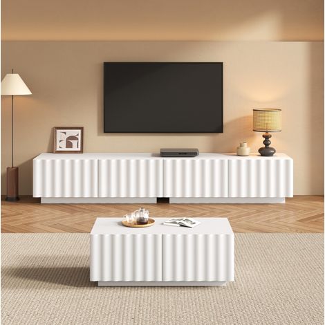 Set soggiorno 200x40x35 cm + 100x50x40 cm bianco in MDF e pannelli di particelle con cassetti a onde 3D (1/5)