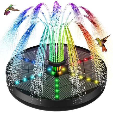 Fontaine Solaire Flottante 4W Version 2026 Améliorée, Pompe Solaire 30 LEDs Colorées, Batterie 4000mAh 8 Buses, Bain d'oiseaux (1/5)