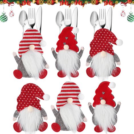 Porte Couvert Noel 6 Pièces Couverts Decoration Table Pochette Deco Range Poupée Naine de Noël Sans Visage Couteau, Fourchette et Cuillère Sac à Décoration pour la Maison Fête Banquet (1/5)