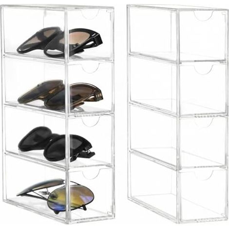 2 Pièces Boîte à Lunettes Boîte à Bijoux avec 4 Tiroirs - 17,5 x 24,6 x 6,5 cm - Organisateur Transparent Empilable pour Lunettes, Bijoux et Montres (1/5)