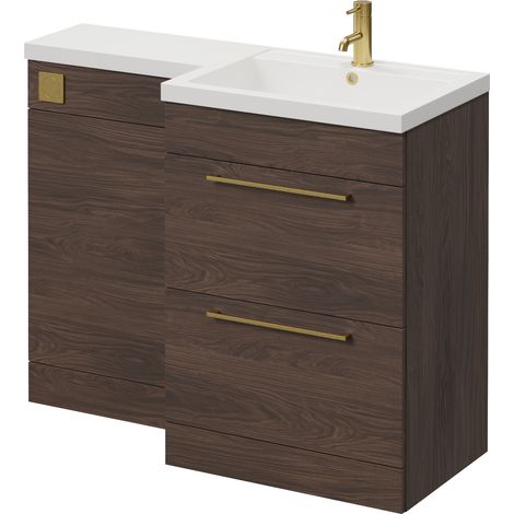 Napoli 460 Brown Oak 1100mm 2 Drawer Vanity Unit Toilet Suite with Right Hand Square Lucia Basin - 1100mm - Brushed Brass 320mm HandleWithout Kingston Toilet Pan