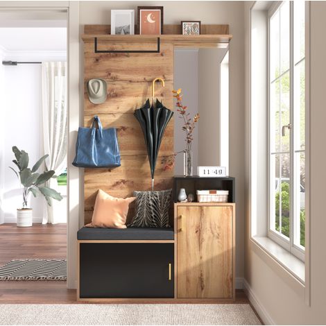 Set guardaroba ingresso 105x40x191.5 cm nero effetto legno in MDF e truciolare con specchio panca e scarpiera (1/5)
