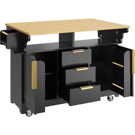 Isla de cocina multifuncional con ruedas, extensible, 3 cajones, MDF/metal, negra (1/5)