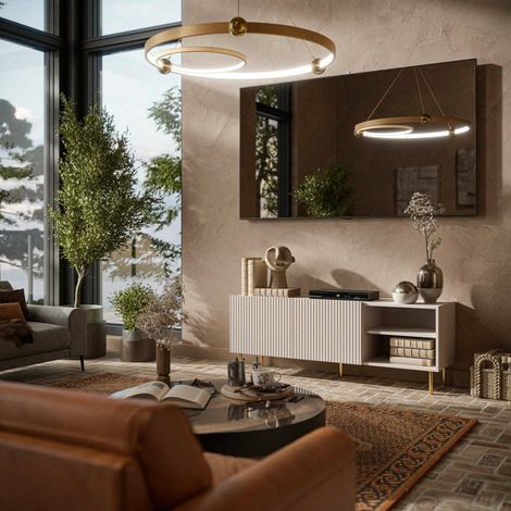 Mueble de TV Magnano, aparador de salón con cuatro puertas batientes, elevado del suelo, 150x42 h52 cm, beige (1/5)