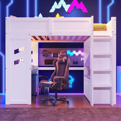 Lit mezzanine - Modèle 90x200 - Bureau intégré - LED & port USB‑C - Tiroirs + portant
