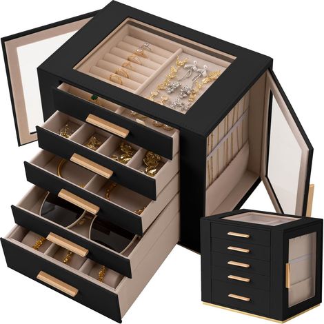 5-Tier Jewelry Box with Glass Lid, High-Capacity Jewelry Organizer with Drawers and Mirror, PU Jewelry Box for Necklaces, Earrings, Rings, Bracelets (Black) (1/5)