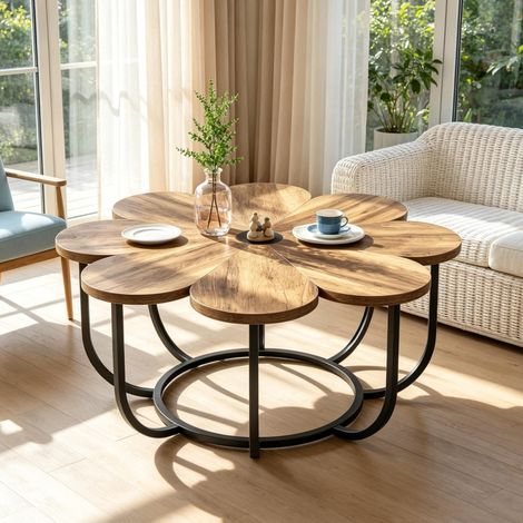Mesa de centro redonda con forma de flor de 100 cm en madera y metal negro (1/5)