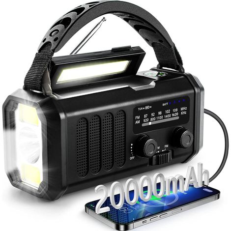 Notfall-Wetterradio, tragbarer 20000-mAh-Akku mit SOS-Alarm, Handkurbel, solarbetriebenes AM/FM-Radio, Leselampe, Taschenlampe, Outdoor-Kompass, Smartphone-Ladegerät