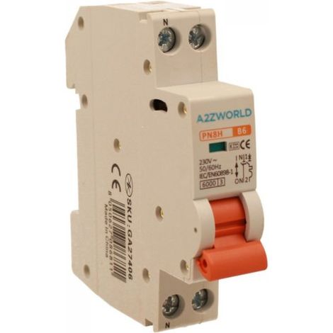 MCB Interruttore Magnetotermico Automatico Curva B 1P+N 1M 6000A B6A AC 230V IP20 IEC60898-1 PN8H