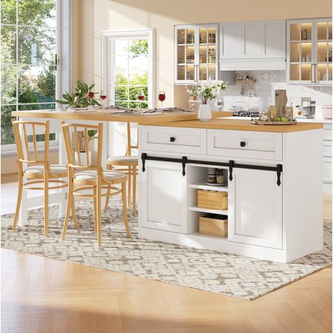 Isola cucina girevole 120-197 cm con ante scorrevoli, 2 cassetti, ripiani regolabili, MDF e metallo bianco (1/5)