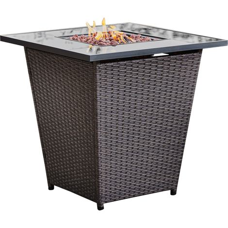 Teamson Home Outdoor Gas Fire Pit Table, Smokeless Firepit, Garden Heater, Includes Lava Rocks & Cover - Rattan Base/Tempered Glass Top - 40,000 BTU - 76 x 76 x 73 (cm)