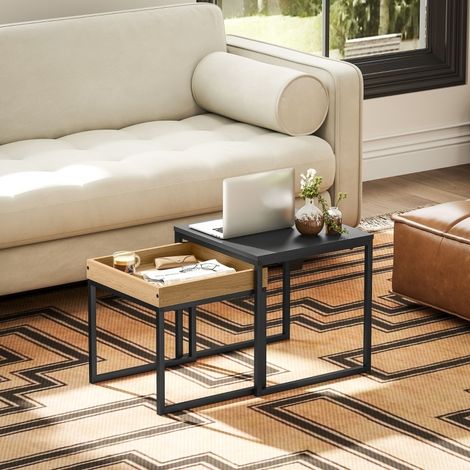 Set di tavolini da salotto 45x45x45 cm, con vassoio rimovibile, acciaio, nero (1/5)
