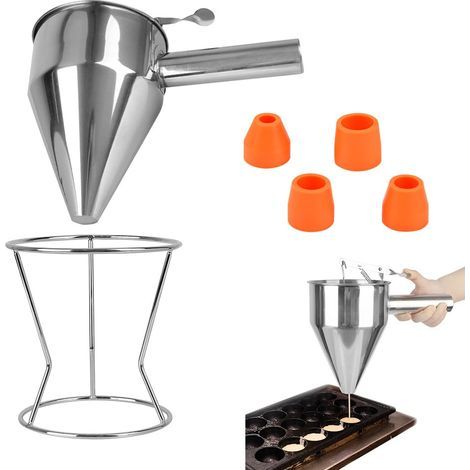 Kolbentrichter – Edelstahl – Teigspender mit präziser Dosierung und 4 Düsen für Pfannkuchen und Kuchen – Silber – 23 x 18 x 15 cm (1/5)