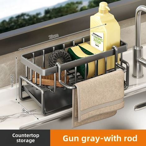 Küchenablage, Geschirrtuchabtropfgestell, Gewürzregal ohne Bohren, Spülbeckenzubehör (grau mit Stange [verpackt] [Kohlenstoffstahl])
