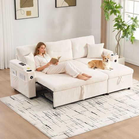 Canapé convertible - SOGEU - W2845S00262 - velours côtelé beige - méridienne & rangement - ports USB/Type-C (1/5)