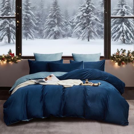 Winter Bettwäsche 200x200 cm Dunkelblau Hellblau Flanell Wendebettwäsche 3-teilig