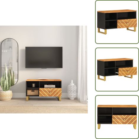 The Living Store Meuble TV marron et noir 80x33,5x46 cm bois massif de manguier - Meubles Tv - Meuble Tv - Meuble Audiovisuel - Meuble Salle Séjour - Mobilier Moderne (1/5)