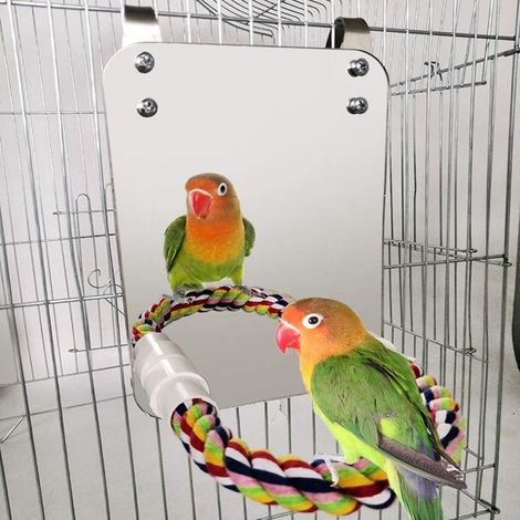 Espejo de juguete para pájaros con percha de cuerda, juguete para loros con espejo grande, garra para loros, perchas para jaulas de pájaros, espejo de juguete masticable para periquitos, cotorras y ca (1/4)