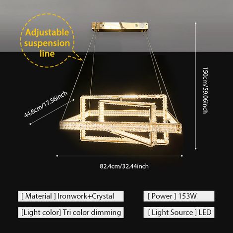 LED Pendelleuchte Gold, Geometrisches Rahmen-Design mit Kristall, 3 Lichtfarben, Dimmbar, Moderne Designer-Hängeleuchte