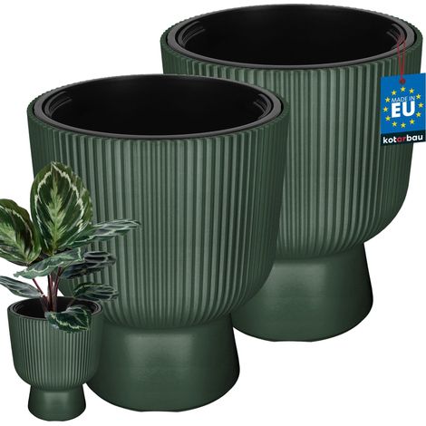 KOTARBAU® Lot de 2 Pot de Fleur - Pot Plastique Plante Ø 29 cm - avec Bac Intérieur -  Pot de Jardin - Pot de Fleur Exterieur -  H : 36 cm - PVC - Vert - Nervuré (1/4)