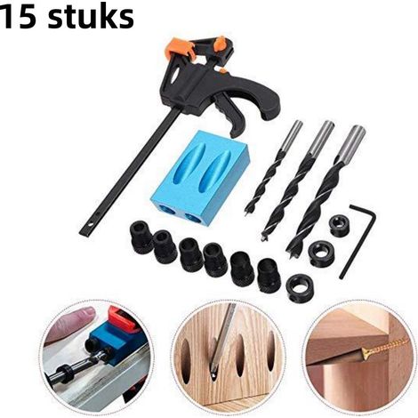 ZHIJIA PREMIUM Lot de 15 pièces pour perçage d’angle en menuiserie, gabarit de perçage avec forets de positionnement, pour assemblage du bois, bleu (1/5)