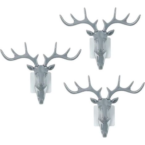 Lot de 3 crochets muraux en forme de tête de cerf, robustes et sans traces (blanc) (santanxing)gris (1/5)